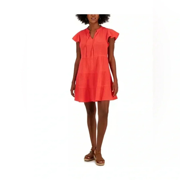 Style & Co. Dresses & Skirts - Style & Co Cotton Gauze Tie-Neck Tiered Dress